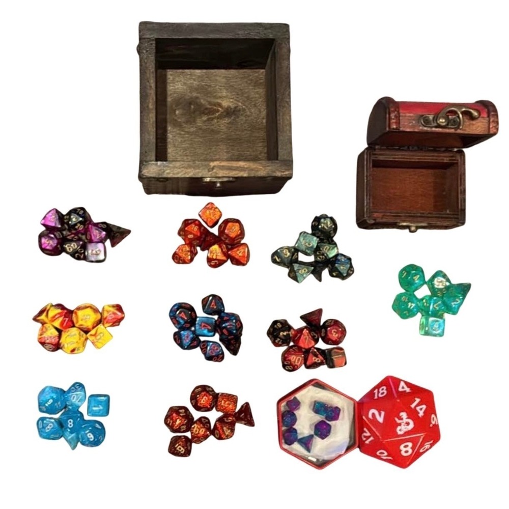 Dungeons & Dragons Polyhedral Dice Lot with Wooden Treasure Chest Storage Boxes
